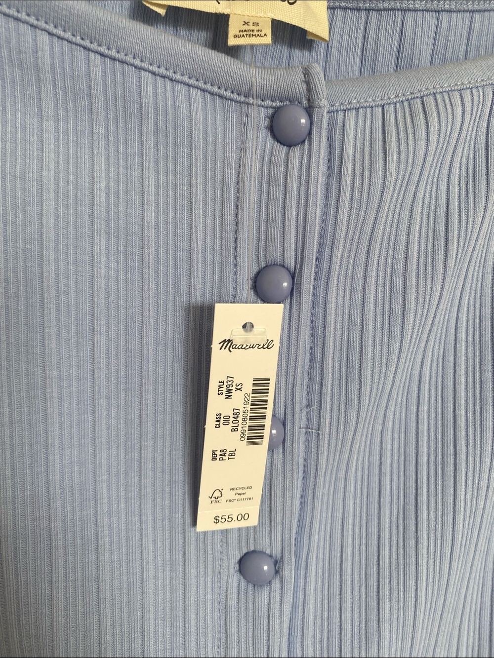 NWT Madewell Ribbed Sleeveless Crewneck Button-Front Top Light Blue Size XS - Picture 4 of 6